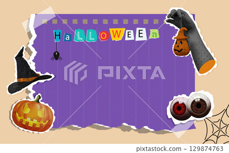 Collage celebrating Halloween with spooky elements and decorations. Vector illustration 129874763