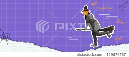 Collage featuring a witch riding a broomstick with Halloween motifs. Vector illustration 129874767