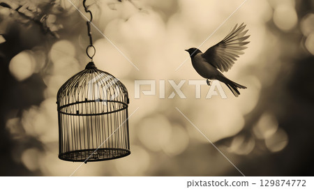 Sadness and grief, A bird flying away from an empty birdcage freedom me Sadness and grief, A bird flying away from an empty birdcage freedom me 129874772