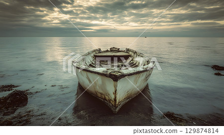 Sadness and grief, An abandoned fishing boat slowly sinking into the sea 129874814