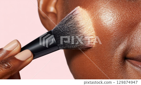 Makeup foundation blending on face close up shows beauty cosmetic routine enhancing skin with soft brush for flawless natural look and radiant healthy glow 129874947