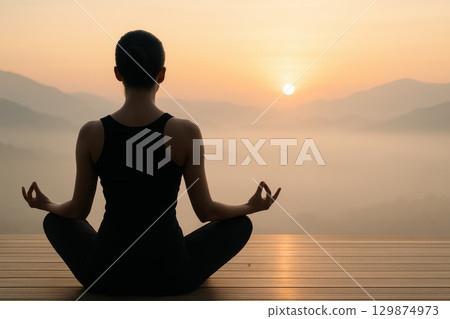 Minimalist yoga pose at sunrise with soft mist over mountains, peaceful meditation on wooden deck, calm and serene atmosphere in nature Minimalist yoga pose at sunrise with soft mist over mountains, peaceful meditation on wooden deck, calm and serene atmosphere in nature 129874973