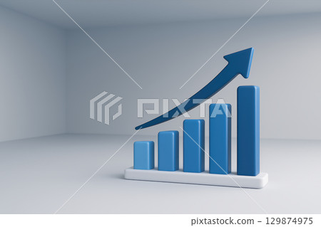 Blue bar chart with upward arrow symbolizing business success growth and progress in minimalistic space Blue bar chart with upward arrow symbolizing business success growth and progress in minimalistic space 129874975