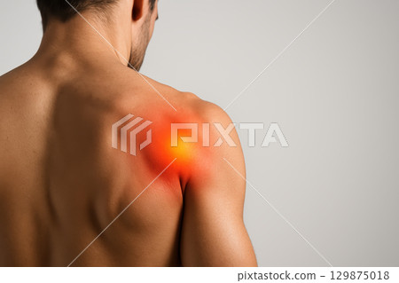 Man shoulder pain inflammation back muscle ache discomfort redness health problem concept 129875018