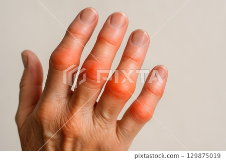 Pain swollen finger joint inflammation concept with closeup of hand showing redness and swelling on knuckles indicating arthritis or injury pain 129875019