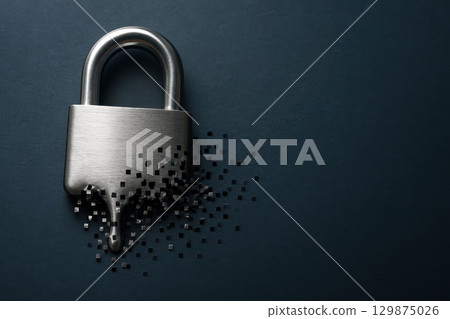 Metallic padlock melting into small cubes symbolizes cybersecurity challenges and data breach risks that threaten network security and firewall protection from cyber attack 129875026