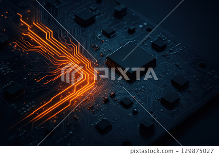 Cybersecurity concept with glowing orange circuit lines on dark microchip showing network security and firewall protection against cyber attack and data breach risks 129875027