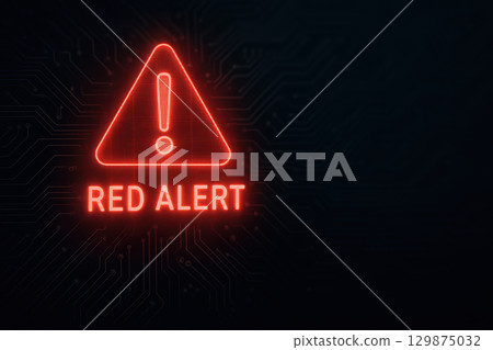 Red alert warning symbol glows red on dark background representing cybersecurity threat and network security breach with firewall protection against cyber attack danger 129875032