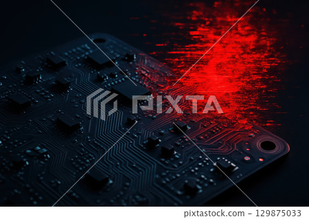 Cybersecurity threats on circuit board symbolize network security and firewall protection against cyber attack and data breach risks in digital environments Cybersecurity threats on circuit board symbolize network security and firewall protection against cyber attack and data breach risks in digital environments 129875033
