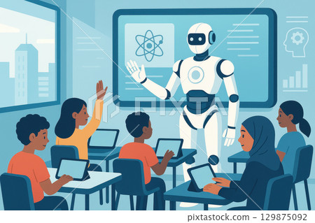 Ai assistant teaching students in classroom with digital tablet technology and futuristic robot helping education 129875092