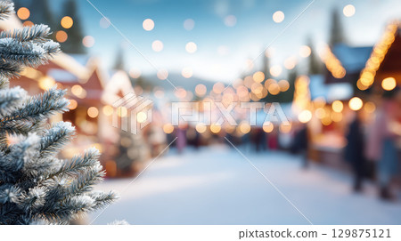 Christmas banner background sale with snowy pine tree and festive lights creating warm holiday atmosphere in winter market scene full of joyful celebration and cozy charm 129875121