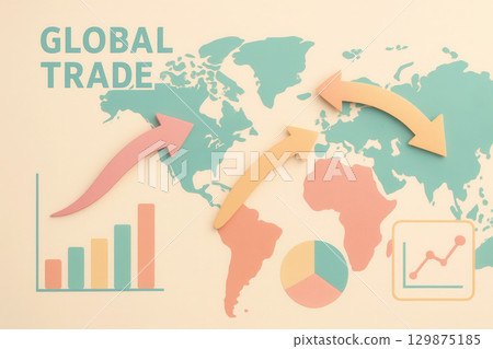 Global trade concept with international shipping arrows and import export charts on world map showing global trade growth and global business connection in global trade and international shipping 129875185