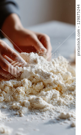 Hands mixing flour on table with winter lifestyle warmth and comfort in kitchen preparing dough for baking 129875244