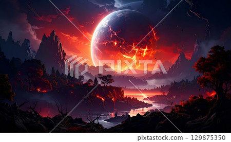 Burning Earth in flames of fire is crashing at another planet, apocalypse background 129875350
