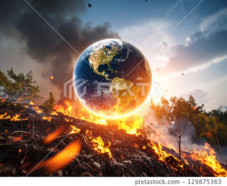 Burning Earth in flames of fire is crashing at another planet, apocalypse background 129875363