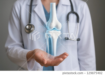Doctor holding hologram of knee joint showing detailed bone structure and medical technology concept for orthopedic care and joint health in clinical setting 129875402