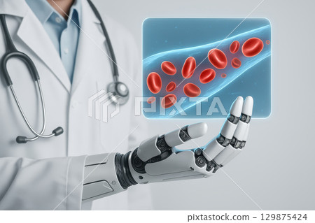 Futuristic medical concept showing doctor with robotic hand examining digital display of red blood cells highlighting importance of dental plan and dental insurance for oral health care Futuristic medical concept showing doctor with robotic hand examining digital display of red blood cells highlighting importance of dental plan and dental insurance for oral health care 129875424