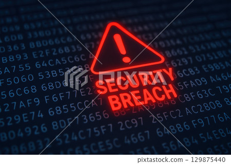 Security breach warning with red shield symbol highlights cybersecurity risks including hacking, malware, virus threats, encryption failure, firewall breach, and lock protection issues digital 129875440