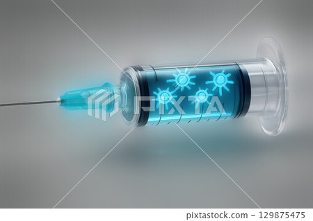 Syringe with glowing blue liquid and virus symbols inside representing ai medical technology for advanced healthcare and innovative treatment solutions in futuristic concept 129875475