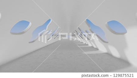3d rendering. Concrete construction. A long corridor with holes on the sides into which light breaks through. Interior illustration 3d rendering. Concrete construction. A long corridor with holes on the sides into which light breaks through. Interior illustration 129875521