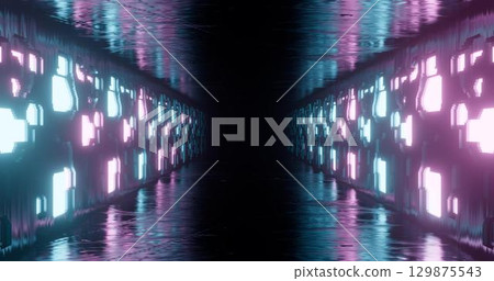 3d render. Geometric figure in neon light against a dark tunnel. Laser line glow. Neon backgrounds 129875543