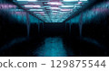 3d render. Geometric figure in neon light against a dark tunnel. Laser line glow. Neon backgrounds 129875544