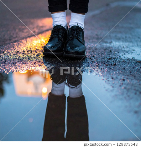 Feet in shoes standing close to a puddle with reflections 129875548