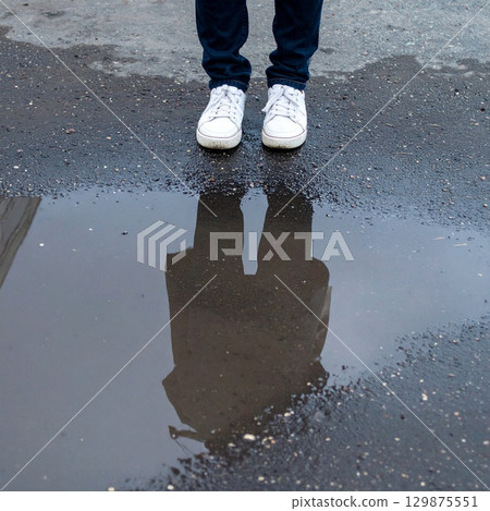 Feet in shoes standing close to a puddle with reflections 129875551