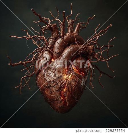 Broken heart with wires going out of it, tragic love or special medical conditions, heart problems concept Broken heart with wires going out of it, tragic love or special medical conditions, heart problems concept 129875554
