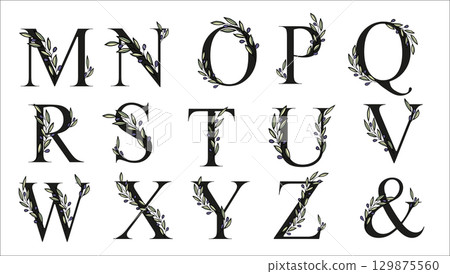 Olive branch alphabet letter for decor of card or wedding invite. Vector hand drawn illustration for design 129875560