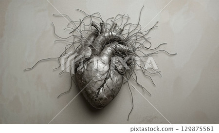 Broken heart with wires going out of it, tragic love or special medical conditions, heart problems concept Broken heart with wires going out of it, tragic love or special medical conditions, heart problems concept 129875561