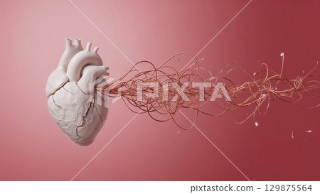 Broken heart with wires going out of it, tragic love or special medical conditions, heart problems concept Broken heart with wires going out of it, tragic love or special medical conditions, heart problems concept 129875564