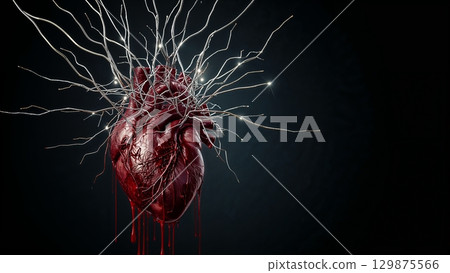 Broken heart with wires going out of it, tragic love or special medical conditions, heart problems concept 129875566