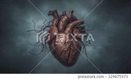 Broken heart with wires going out of it, tragic love or special medical conditions, heart problems concept 129875573