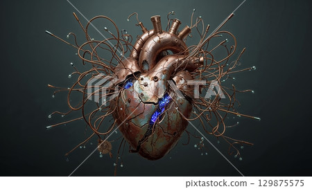 Broken heart with wires going out of it, tragic love or special medical conditions, heart problems concept 129875575