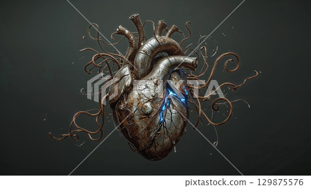 Broken heart with wires going out of it, tragic love or special medical conditions, heart problems concept Broken heart with wires going out of it, tragic love or special medical conditions, heart problems concept 129875576