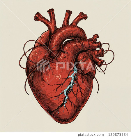 Broken heart with wires going out of it, tragic love or special medical conditions, heart problems concept Broken heart with wires going out of it, tragic love or special medical conditions, heart problems concept 129875584