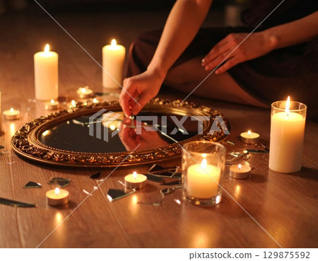 Young lady is sitting on the floor trying to fix the broken mirror in front of her, memories and broken life concept 129875592