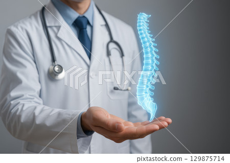 Doctor hologram healthcare concept with medical professional holding glowing spine model in hand showing advanced technology and health care innovation in clinical setting 129875714