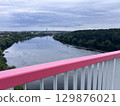 The early Spring view of the pedestrian bridge leading to Neman River beach and the biggest park in Kaunas city (Lithuania). 129876021