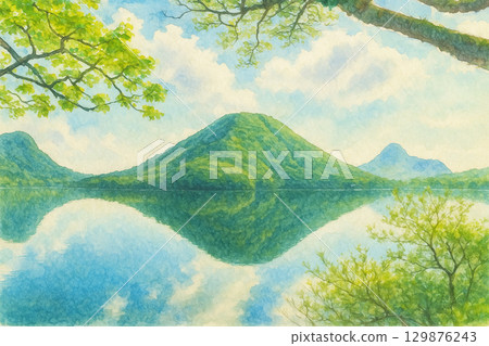 春名山、春名富士、春名湖、水彩風格 129876243