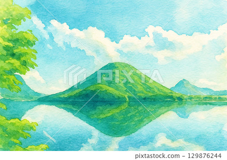 春名山、春名富士、春名湖、水彩風格 129876244