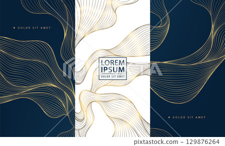 Vector gold wave pattern, line luxury premium abstract design. Fancy, art deco package labels, japanese sea brochures, silk ornament 129876264