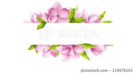 Horizontal frame with pink magnolia flowers and leaves. Watercolor floral frame for certificates, invitations and cards. 129876265