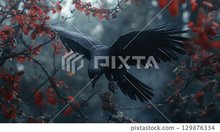 A striking black crow with wings spread wide swoops down among branches with vivid red leaves 129876334