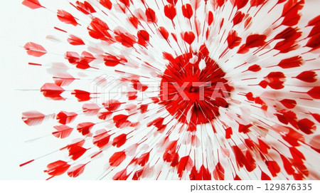 A vibrant abstract composition shows dozens of red and white arrows striking the center of a target 129876335