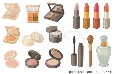 Cosmetics illustration set - eye shadow, face powder, lipstick, mascara, brushes, perfume, etc. 129876610
