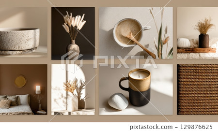 A collage of neutral-toned interior and lifestyle images features ceramics, dried plants, cozy textures, candles 129876625