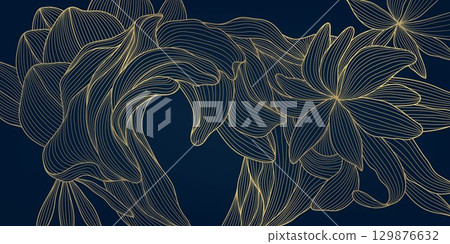 Vector gold flowers line background, art deco abstract floral pattern, luxury nature art, plant wallpaper. Wedding texture vintage ornament, oriental blossom design. 129876632