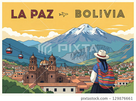 Vintage travel poster, La Paz, Bolivia, art in the style of retro illustration 129876661